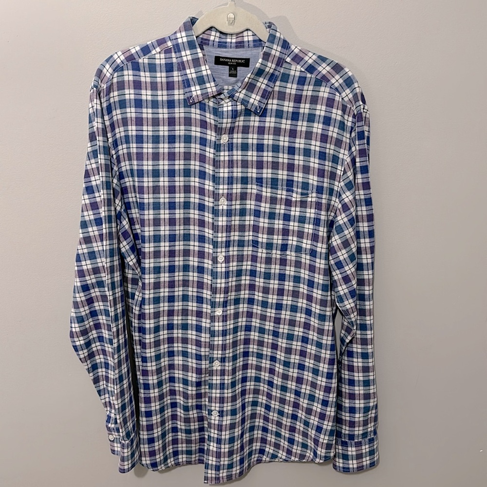 Banana Republic Mens Slim Fit Plaid Button Down Shirt Size‎ Large LINEN BLEND